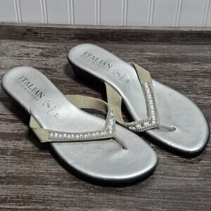 Italian Shoe Makers Women's Silver Sparkle Flip Flop Wedge Heel Size 11